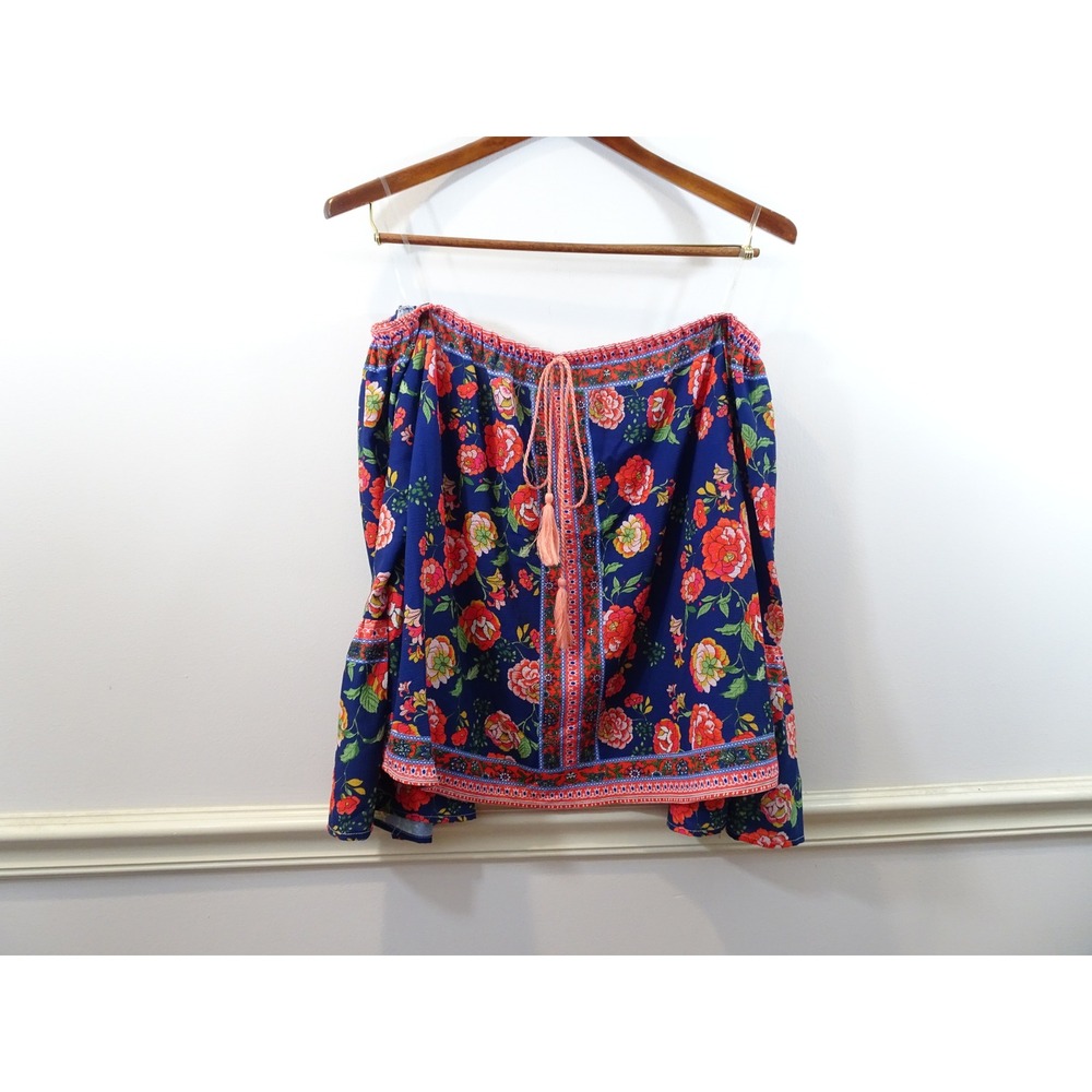 Umgee Floral Off The Shoulder Boho Bell Sleeve Blouse Blue Small Flowy Feminine